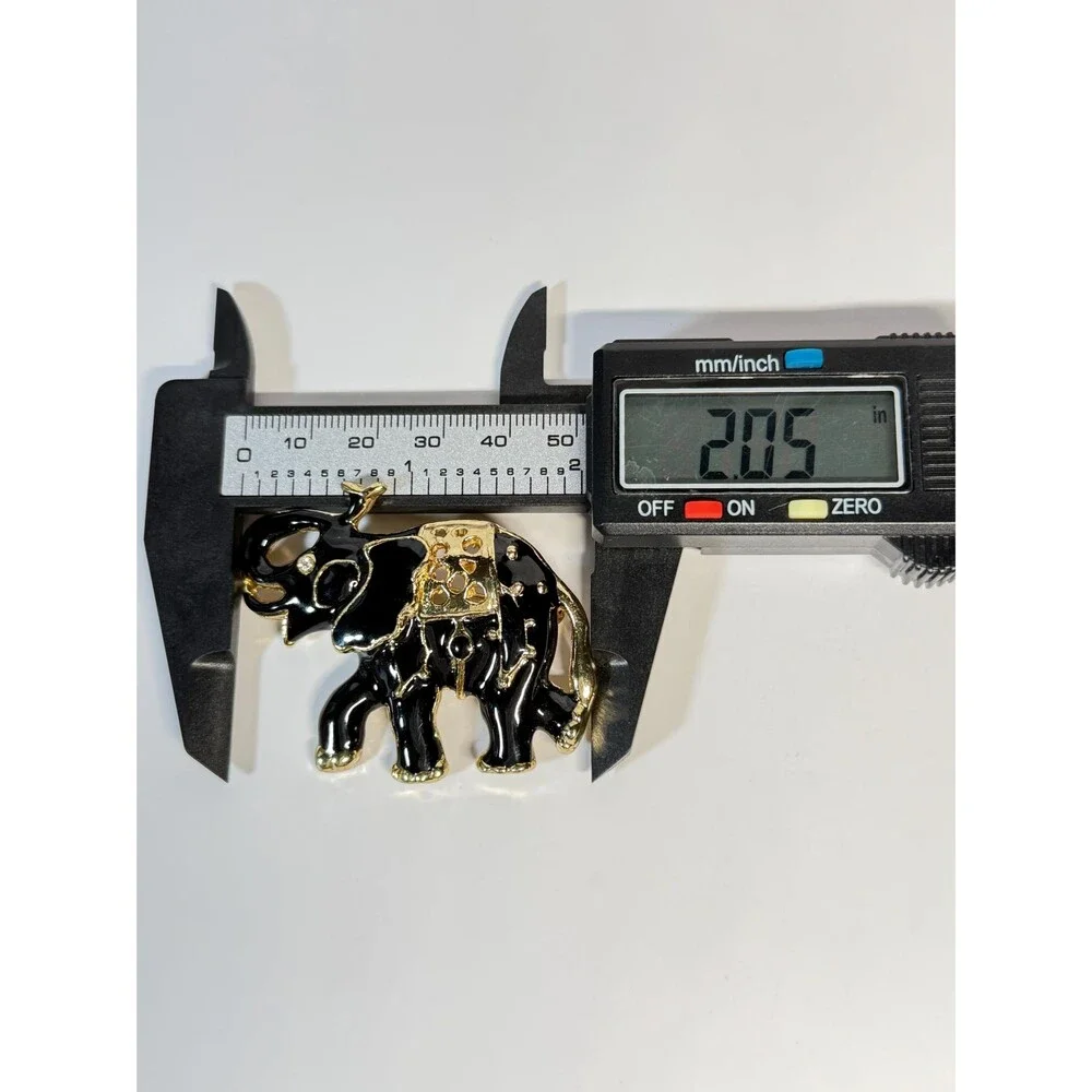 Vintage Black Enamel Elephant Brooch Gold Tone Rhinestone Figural Pin